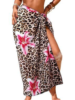 Women's Leopard Lily Print Swimsuit High Slit Summer Floral Print Wrap Beach